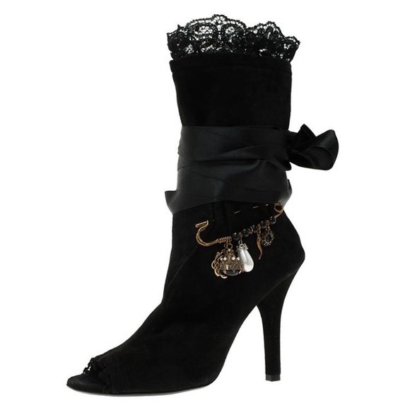 Dolce and Gabbana Black Suede Charm Tie Around Peep Toe Ankle Boots - Picture 5 of 11